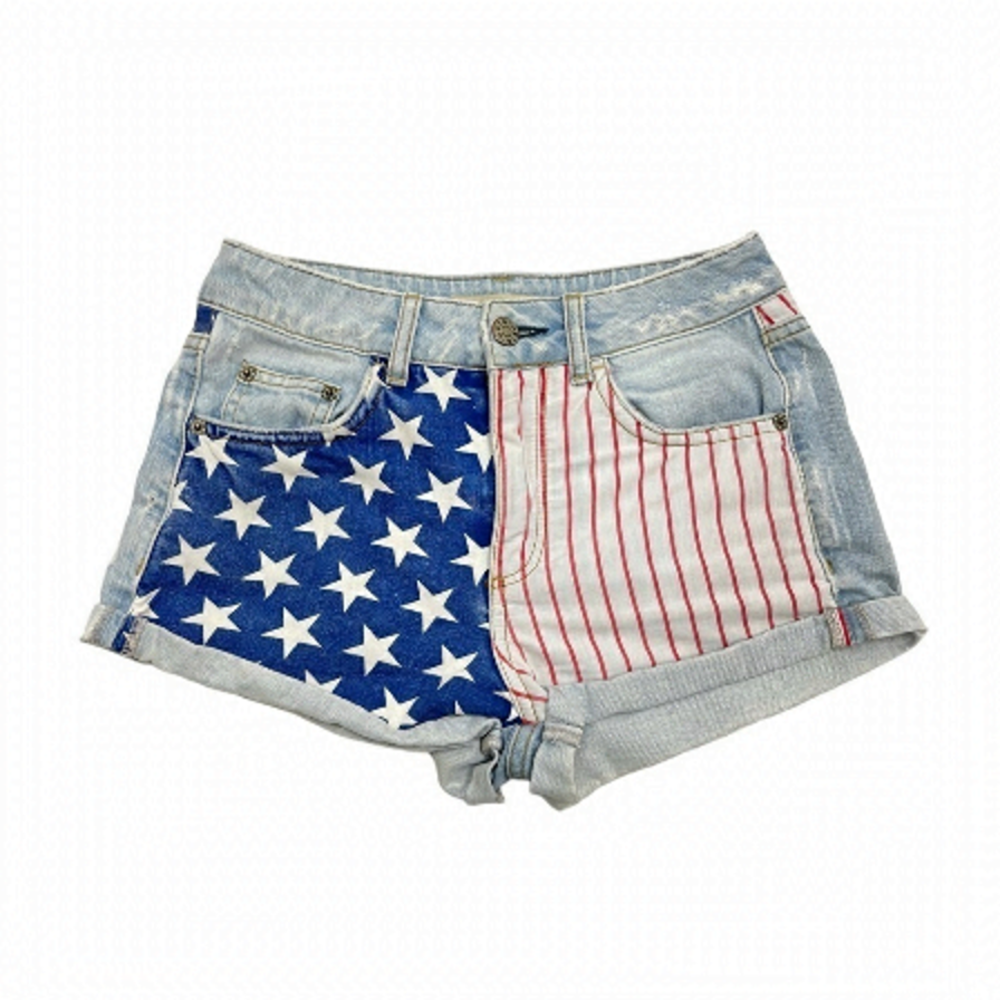 Topshop American flag MOTO high waisted jeans shorts in size 4 W26